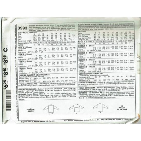 McCalls Sewing Pattern 3993 Misses Blouse Size 8 10 12 VTG - Picture 2 of 3